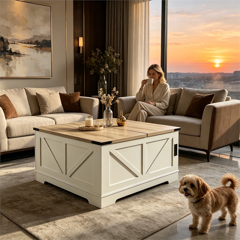 Afuera Living 40-Inch White and Gray Lift-Top Coffee Table with Charging
