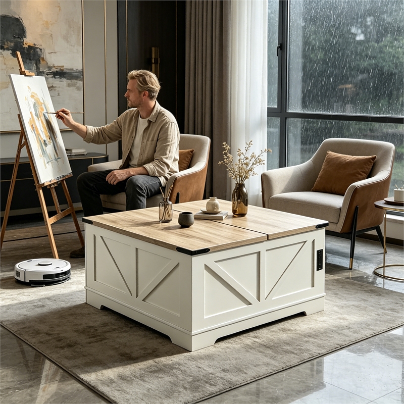 Afuera Living 40-Inch White and Gray Lift-Top Coffee Table with Charging
