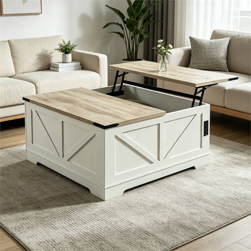 Afuera Living 40-Inch White and Gray Lift-Top Coffee Table with Charging