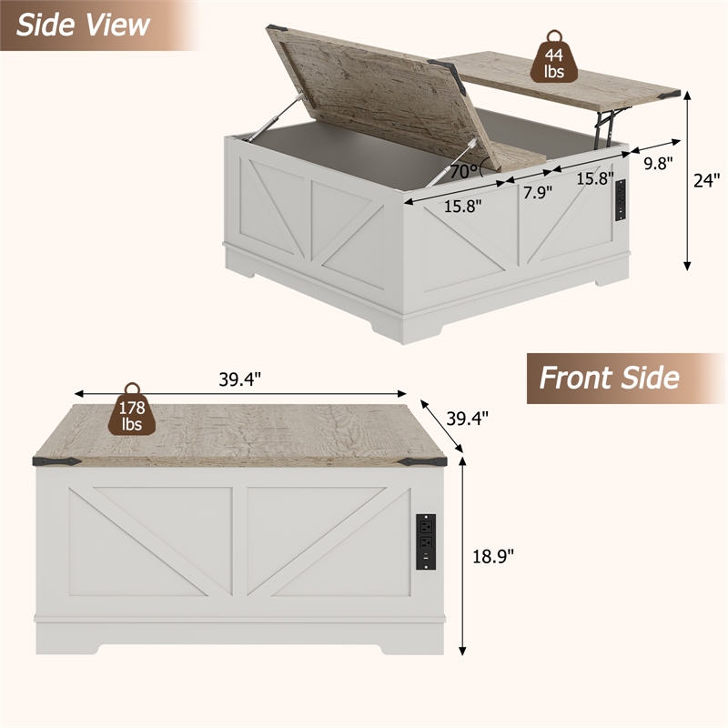 Afuera Living 40-Inch White and Gray Lift-Top Coffee Table with Charging