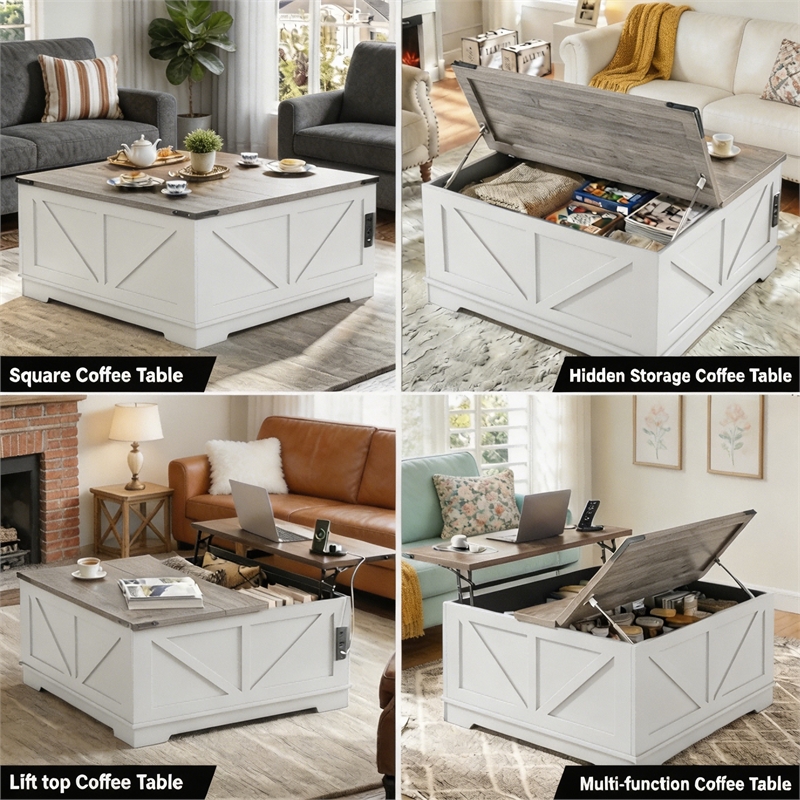 Afuera Living 40-Inch White and Gray Lift-Top Coffee Table with Charging