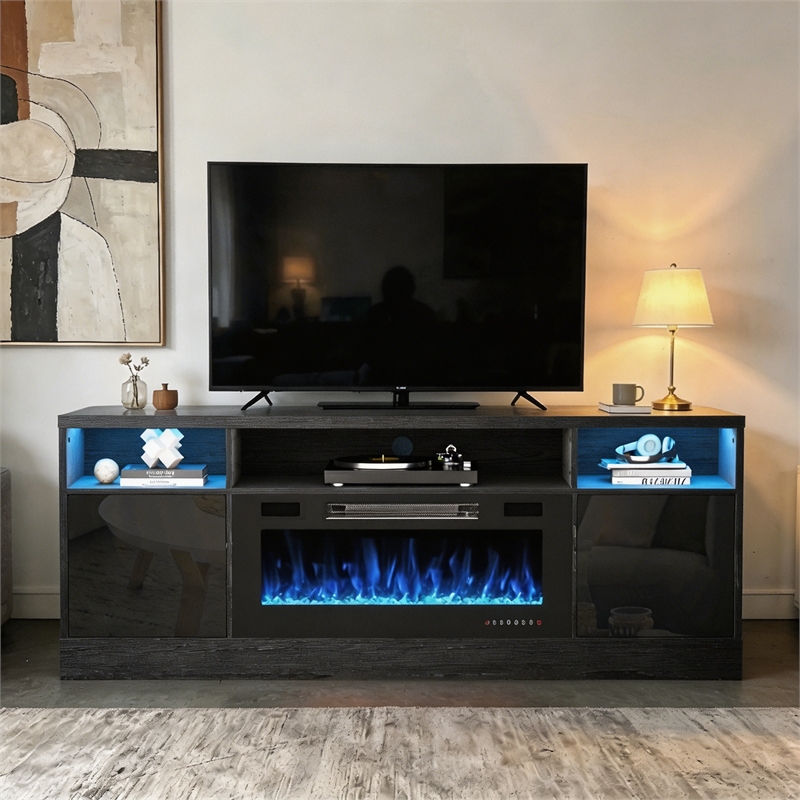 Afuera Living 70-Inch Black TV Stand with 36-Inch Fireplace and LED Charging
