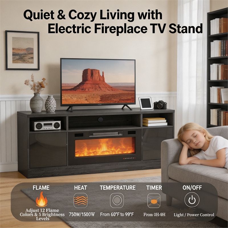 Afuera Living 70-Inch Black TV Stand with 36-Inch Fireplace and LED Charging