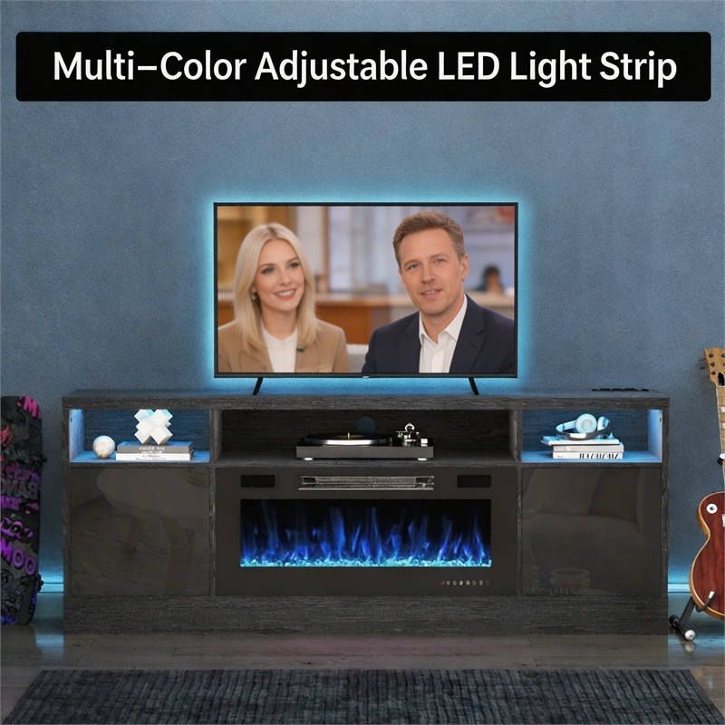 Afuera Living 70-Inch Black TV Stand with 36-Inch Fireplace and LED Charging