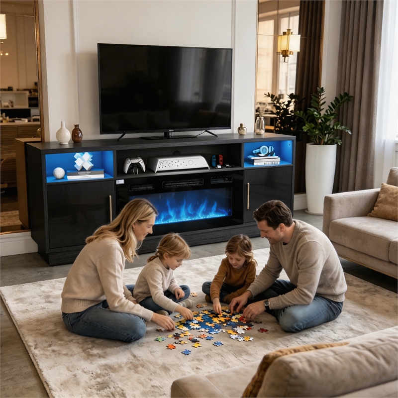 Afuera Living 70-Inch Black TV Stand with 36-Inch Fireplace and LED Charging