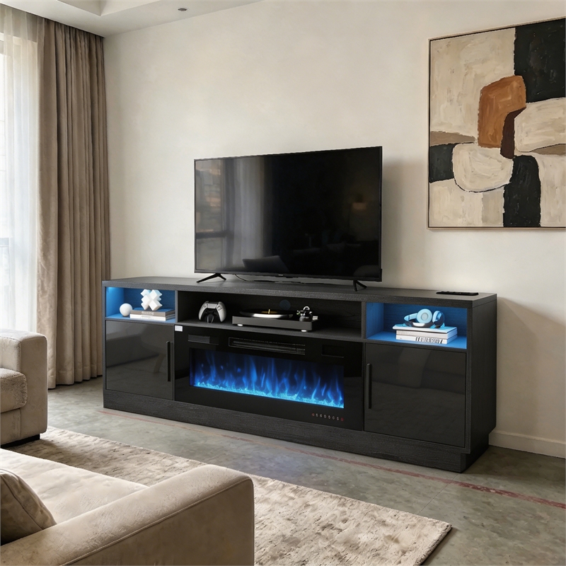 Afuera Living 70-Inch Black TV Stand with 36-Inch Fireplace and LED Charging