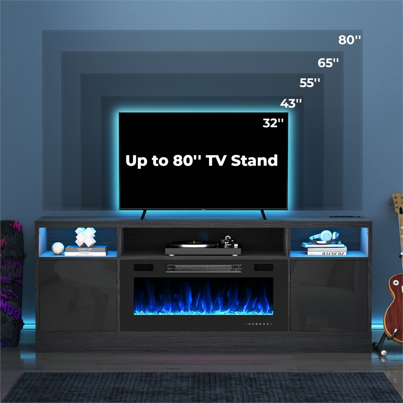 Afuera Living 70-Inch Black TV Stand with 36-Inch Fireplace and LED Charging