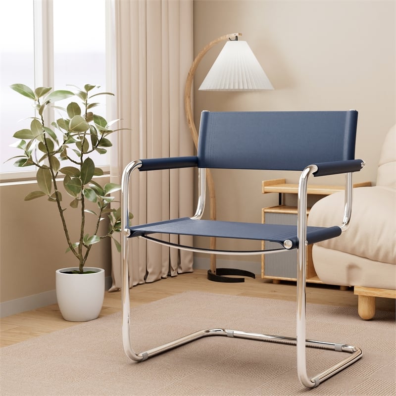 Afuera Living Blue Saddle Leather Accent Chair with Stainless Steel Frame