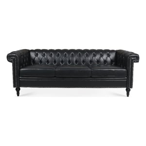 Afuera Living 84-Inch Black PU Leather 3-Seat Chesterfield Sofa