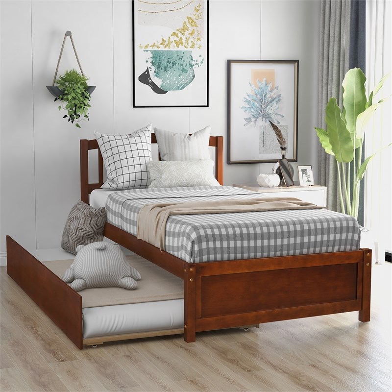 Afuera Living Contemporary Walnut Twin Platform Bed with Trundle