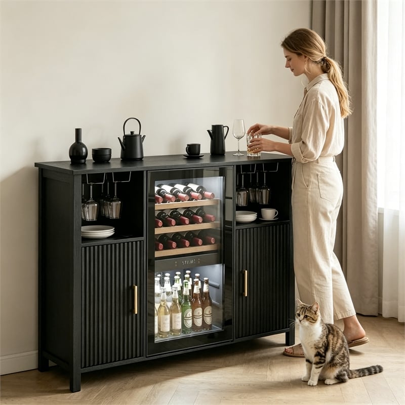 Afuera Living 53-Inch Black Wine Bar Cabinet with Mini Fridge Space
