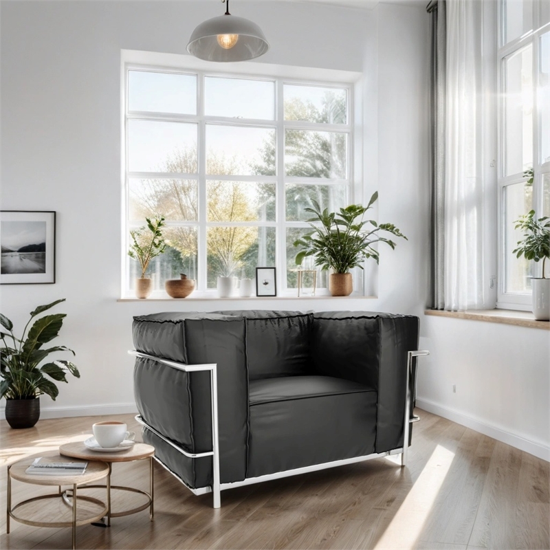 Afuera Living Black Leather Accent Chair with Stainless Steel Frame