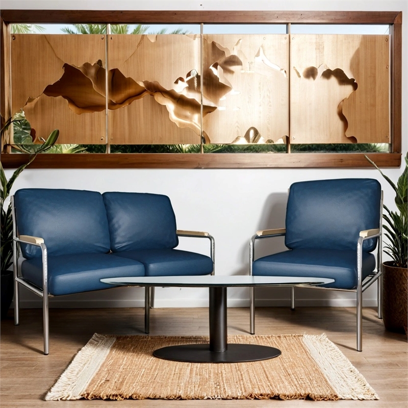Afuera Living Blue PU Leather 2-Piece Stainless Steel Sofa Set