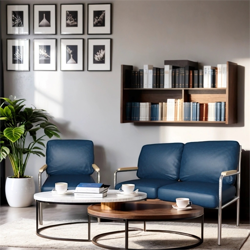 Afuera Living Blue PU Leather 2-Piece Stainless Steel Sofa Set