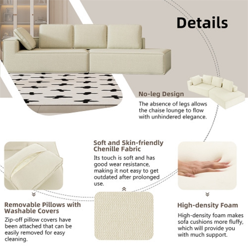 Afuera Living Contemporary 125-Inch Beige Chenille Chaise Lounge Sofa