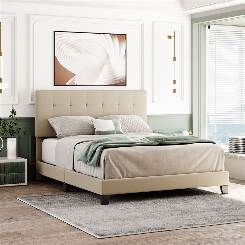 Afuera Living Queen Linen Upholstered Platform Bed with Tufted Headboard