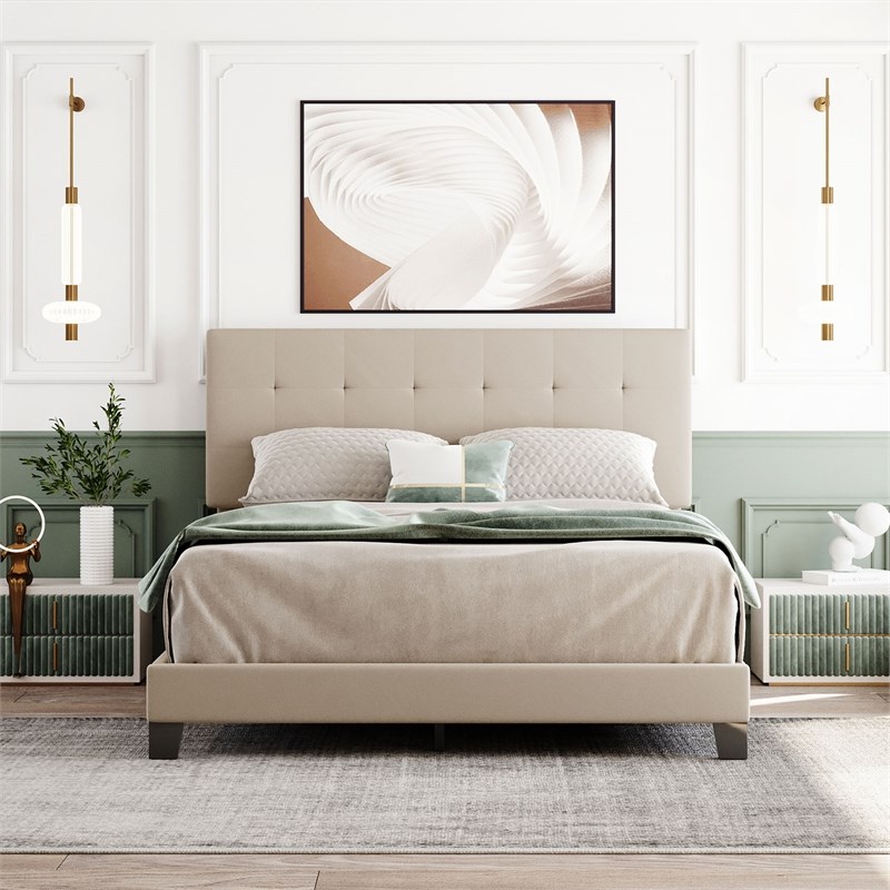 Afuera Living Queen Linen Upholstered Platform Bed with Tufted Headboard
