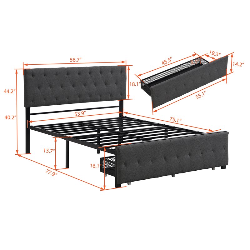 Afuera Living Gray Full Metal Storage Bed with Linen Upholstery