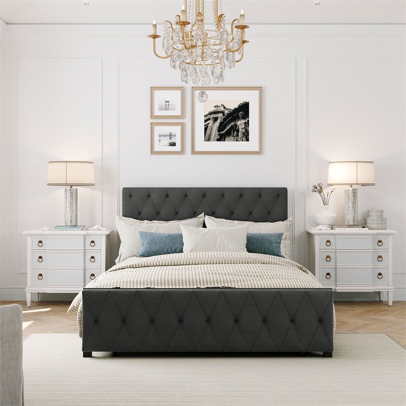 Afuera Living Gray Full Metal Storage Bed with Linen Upholstery