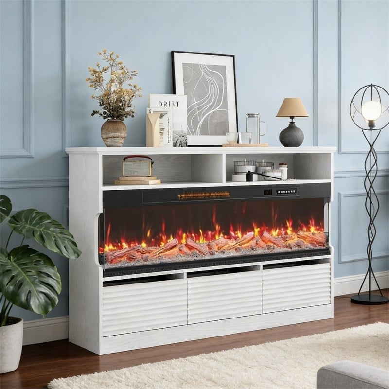 Afuera Living White Fluted TV Stand with 50-Inch Electric Fireplace