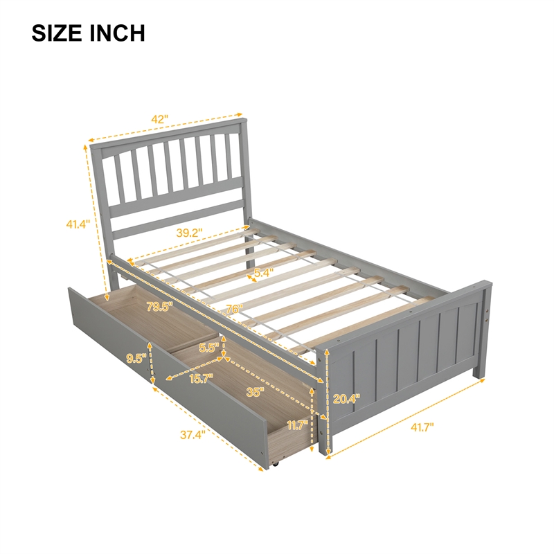 Afuera Living Contemporary Gray Twin Platform Bed with 2 Storage Drawers