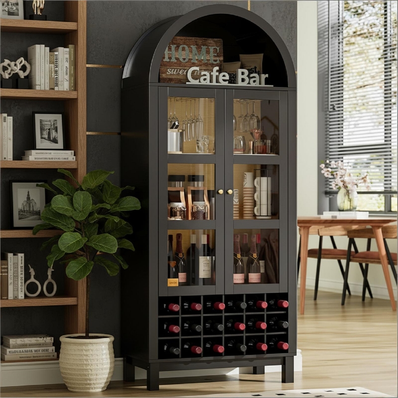 Afuera Living 70-Inch Black Arched Wine Cabinet with 18-Bottle Rack