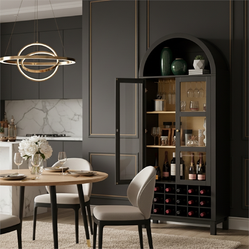 Afuera Living 70-Inch Black Arched Wine Cabinet with 18-Bottle Rack