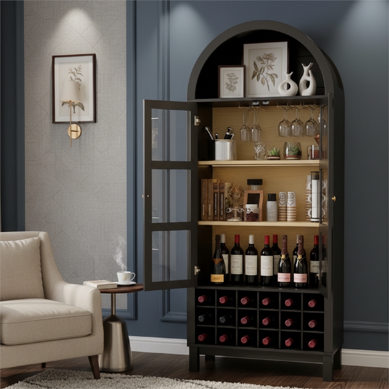 Afuera Living 70-Inch Black Arched Wine Cabinet with 18-Bottle Rack