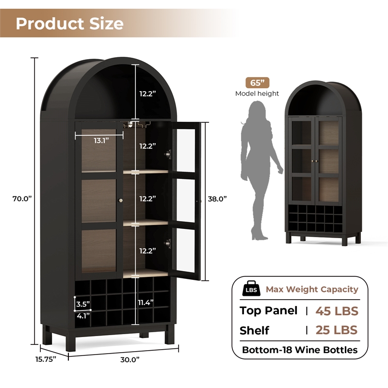 Afuera Living 70-Inch Black Arched Wine Cabinet with 18-Bottle Rack