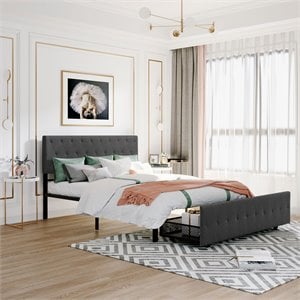 Afuera Living Gray Queen Metal Storage Bed with Linen Upholstery