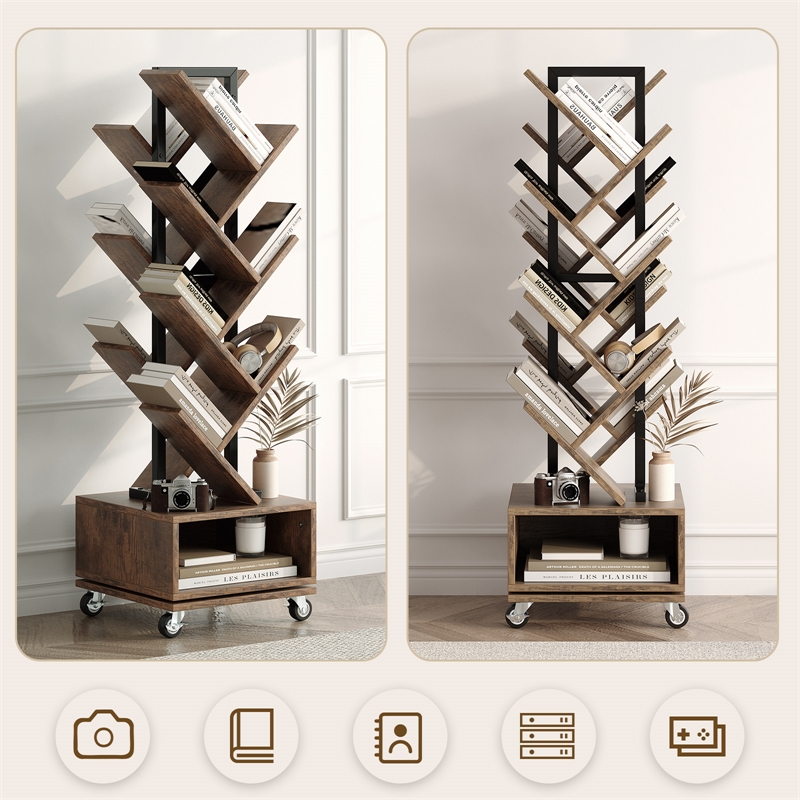 Afuera Living Rotating Brown Faux Wood Double V Bookcase Lockable Wheels
