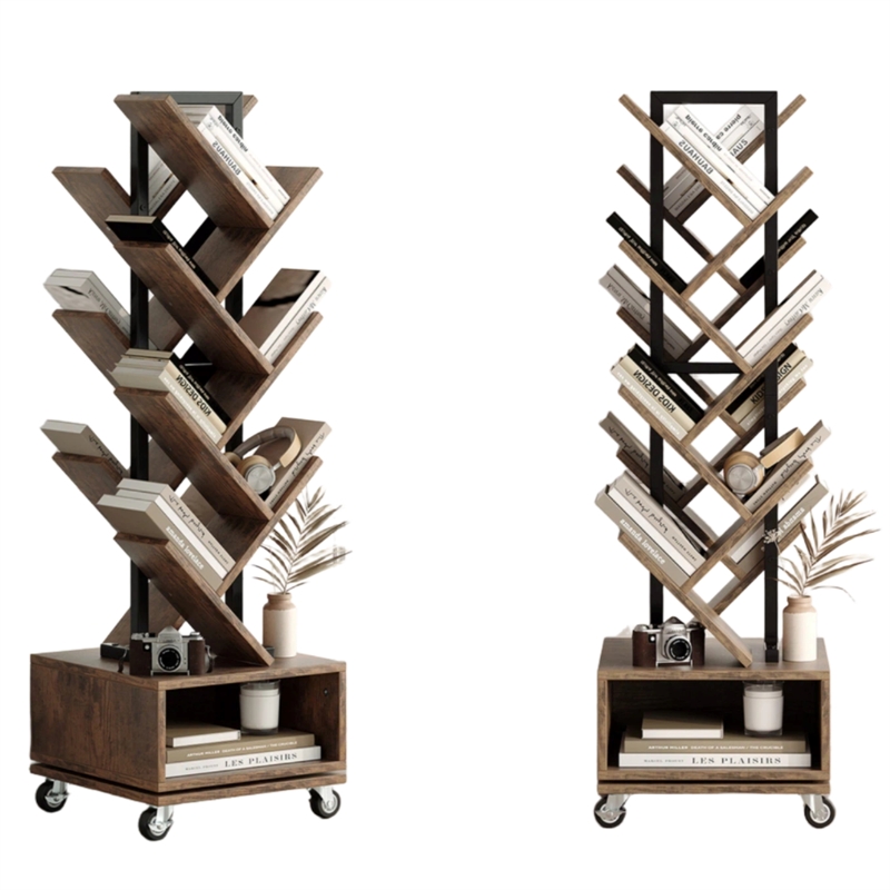 Afuera Living Rotating Brown Faux Wood Double V Bookcase Lockable Wheels