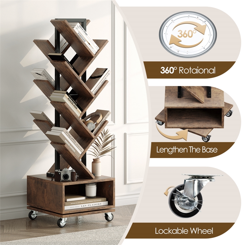 Afuera Living Rotating Brown Faux Wood Double V Bookcase Lockable Wheels