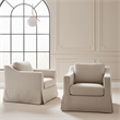 Afuera Living White Linen Swivel Armchair 33.5x38x35 Inches Solid Wood Frame