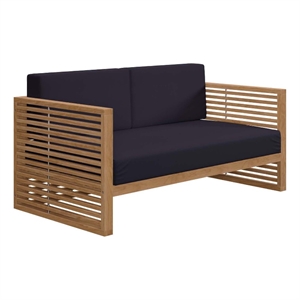 Afuera Living Teak Patio Loveseat with Sunproof Cushions in Navy and Natural