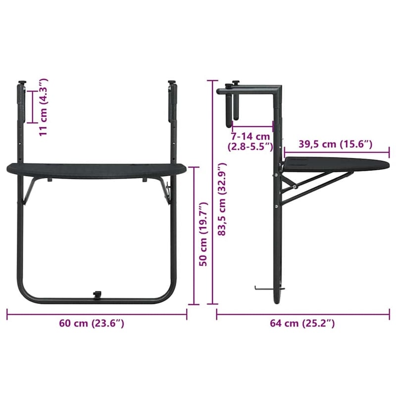 Afuera Living Adjustable Hanging Balcony Table in Matte Black Finish