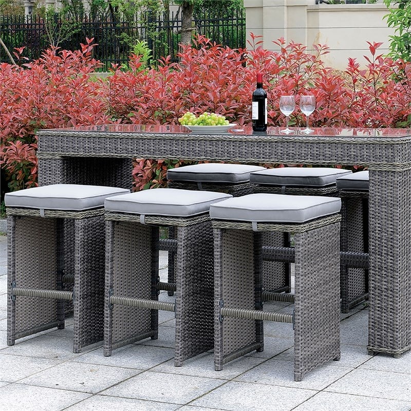 Afuera Living Rattan Patio Bar Stool Set in Gray - Set of 6