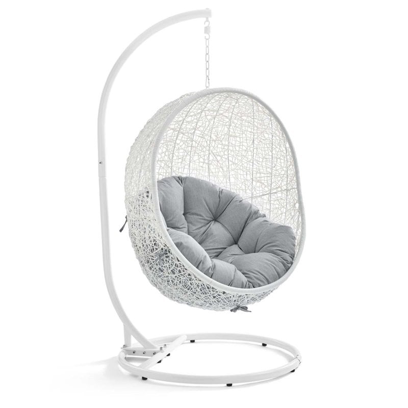 Afuera Living Modern Rattan Swing Chair with Stand in White Gray