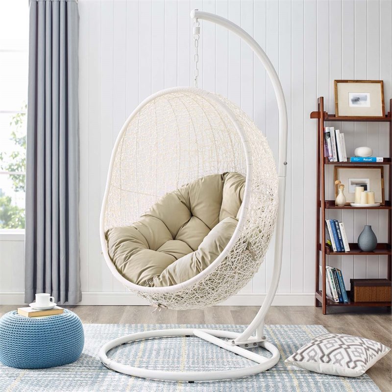 Afuera Living Rattan Outdoor Swing Chair with White Stand and Beige Cushion