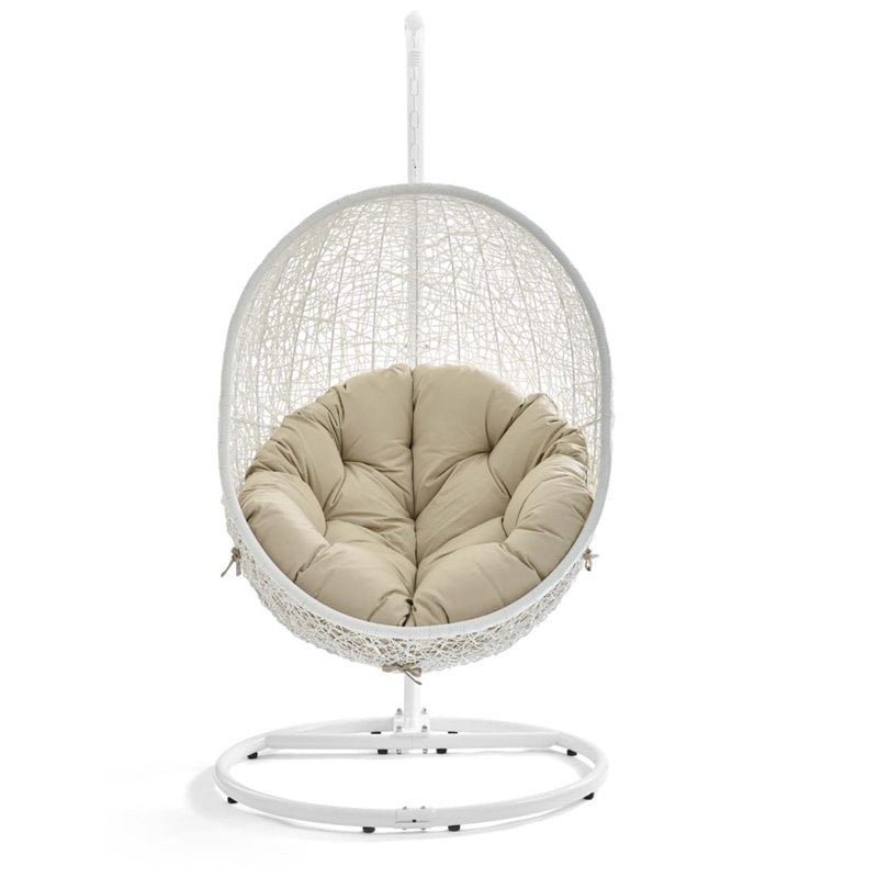 Afuera Living Rattan Outdoor Swing Chair with White Stand and Beige Cushion