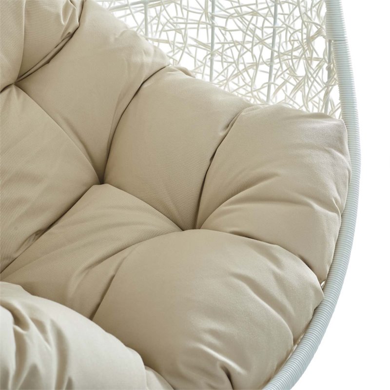 Afuera Living Rattan Outdoor Swing Chair with White Stand and Beige Cushion