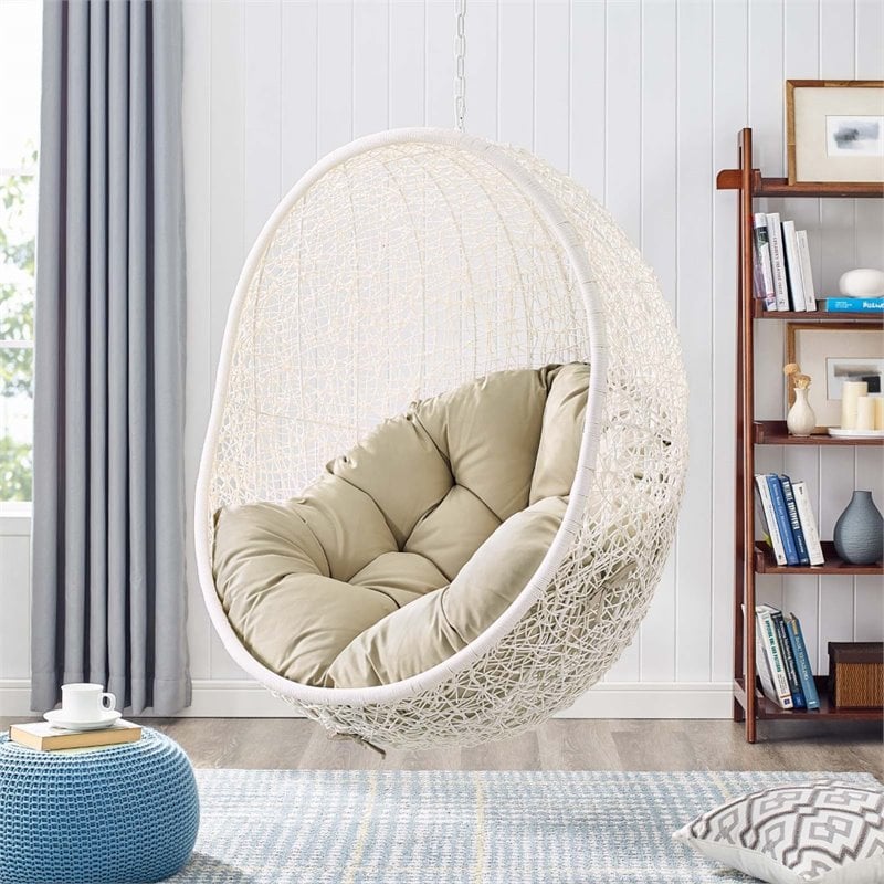 Afuera Living Rattan Outdoor Swing Chair with White Stand and Beige Cushion