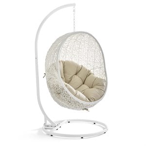 Afuera Living Rattan Outdoor Swing Chair with White Stand and Beige Cushion