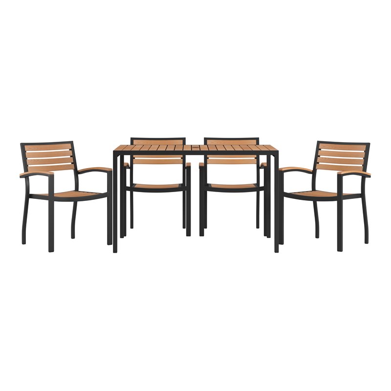 Afuera Living 5-Piece Brown Faux Teak Patio Dining Set with Umbrella Hole