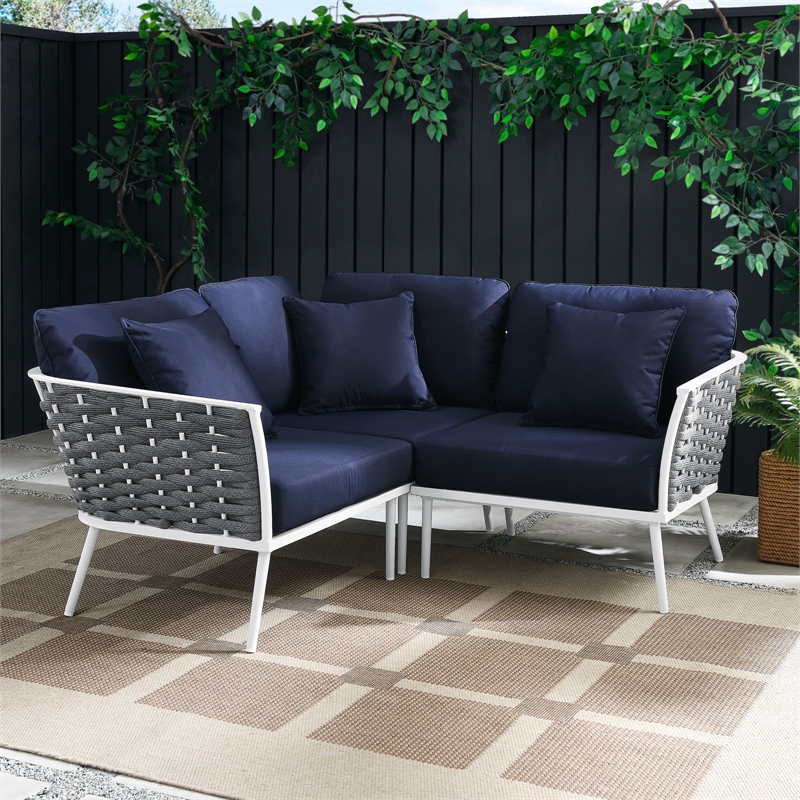 Afuera Living 3-Piece Modern Aluminum Outdoor Sectional Sofa in Navy Rope Weave