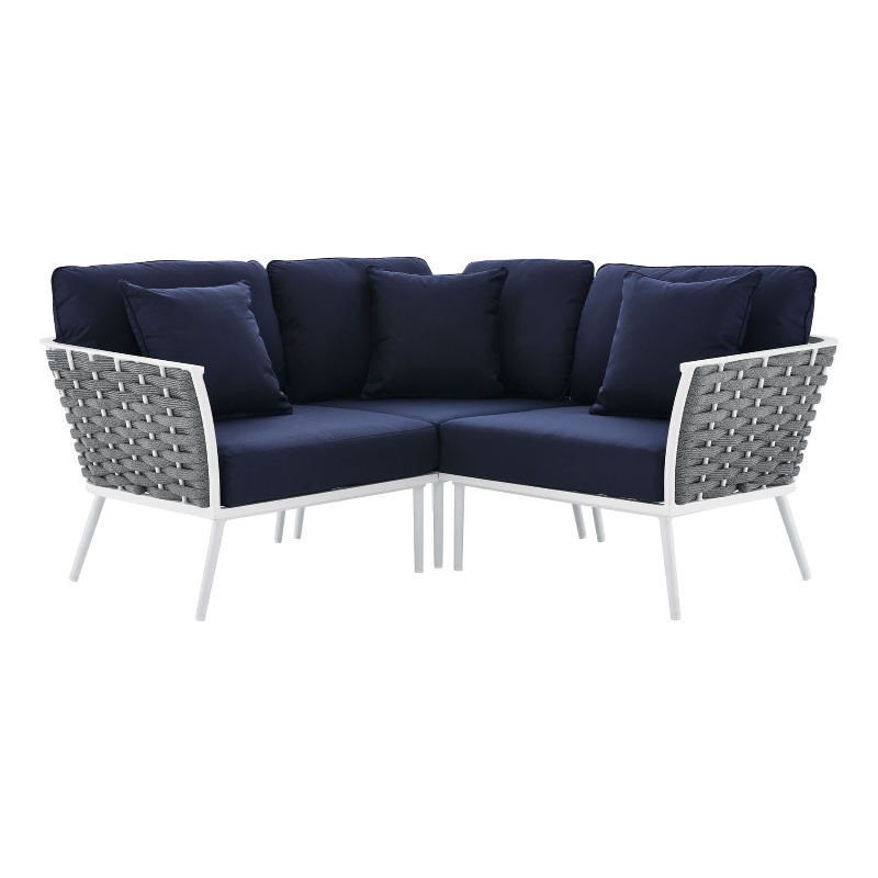 Afuera Living 3-Piece Modern Aluminum Outdoor Sectional Sofa in Navy Rope Weave