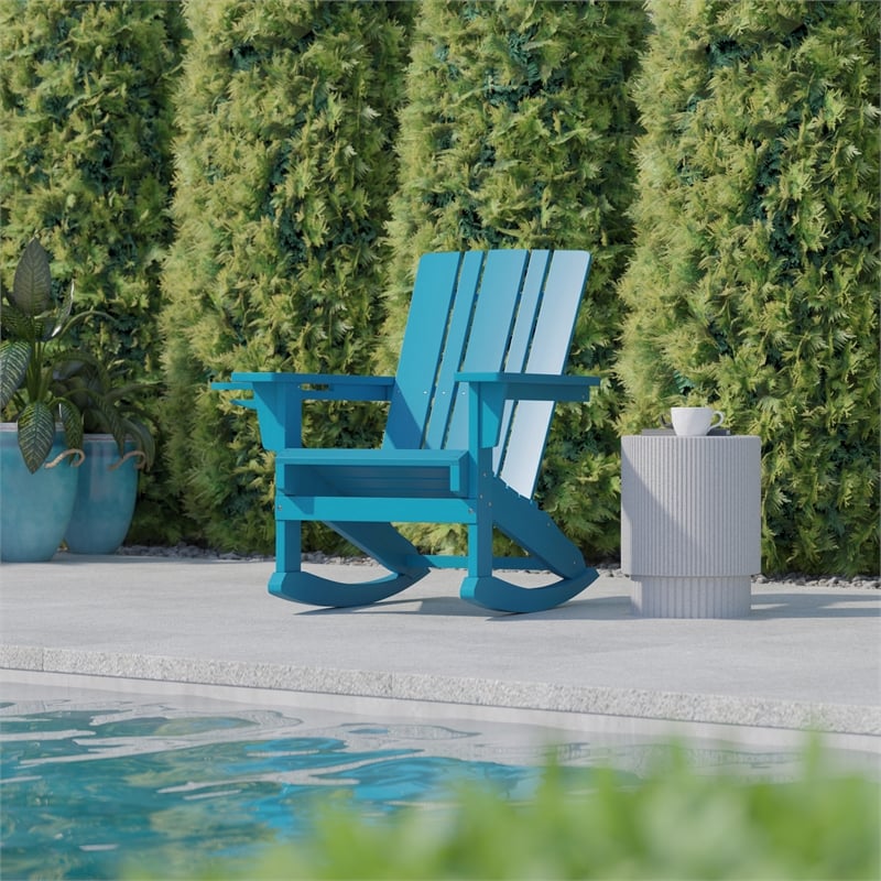 Afuera Living Plastic Rocking Adirondack Chair with Cupholder in Blue