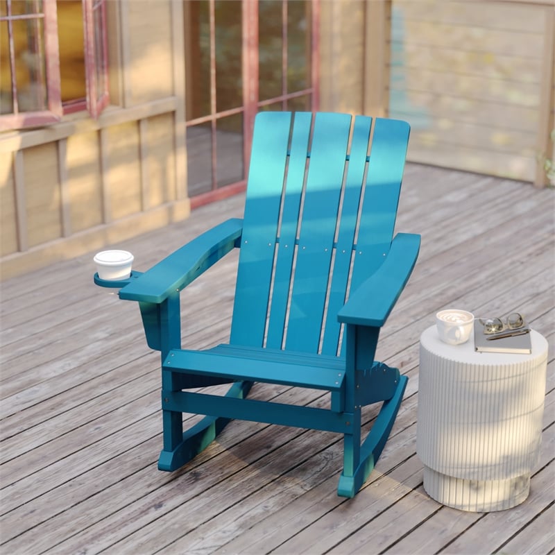 Afuera Living Plastic Rocking Adirondack Chair with Cupholder in Blue