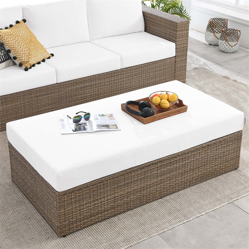 Afuera Living Outdoor Rectangle Rattan Ottoman in White/Cappuccino