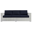 Afuera Living Fabric and Rattan Patio Sofa in Light Gray with Navy Cushions